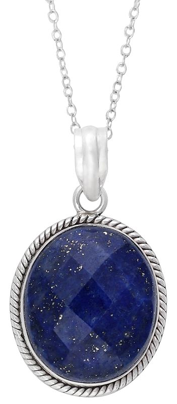 Faceted Round Lapis Lazuli Framed in Sterling Silver Pendant