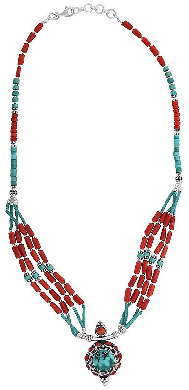 Sober Sterling Silver Necklace with Coral and Turquoise Stone