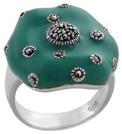 Superfine Green Colored Tiny Marcasite Stone Ring Made in Sterling Silver