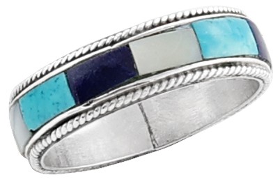 Blue, White and Turquoise Inlay Stone Ring Made in Sterling Silver