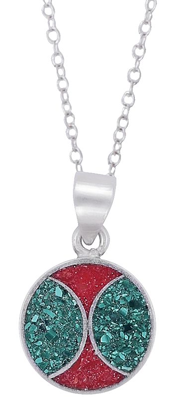 Sterling Silver Round Mandala Pendant with Red and Green Inlay