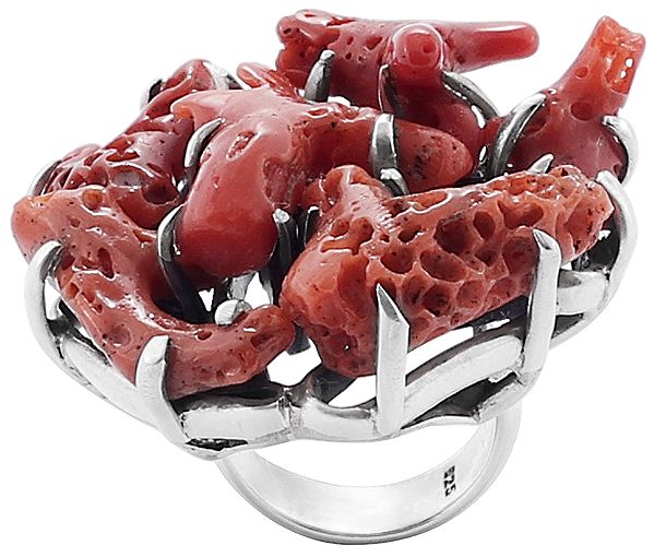Large Sterling Silver Ring Studded with Rugged Coral Gemstone