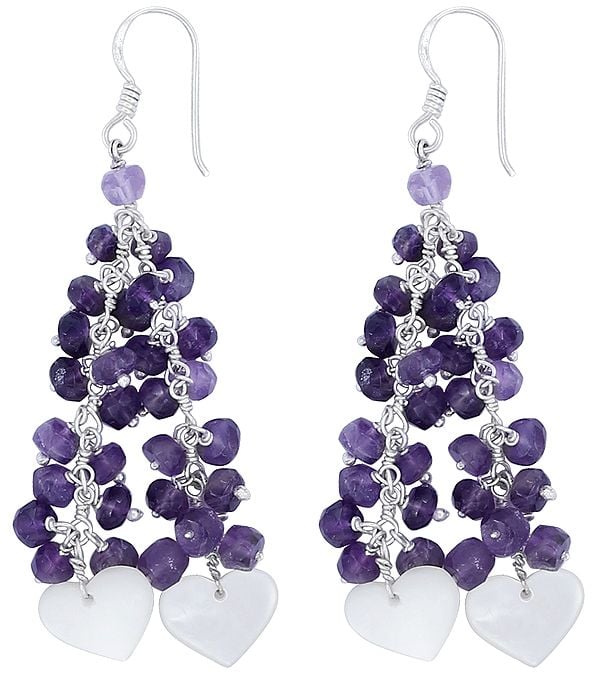 Heart Shaped Mother of Pearl Stone Dangle Earrings with Amethyst Beads