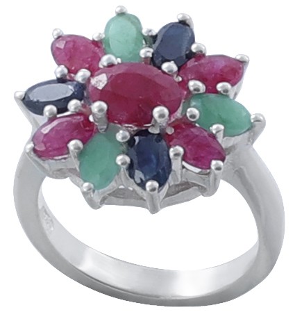Ruby, Emerald and Sapphire Gemstone Ring in Floral Design