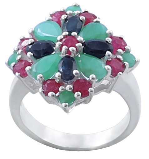 Sterling Silver Ring with Ruby, Emerald and sapphire Gemstone
