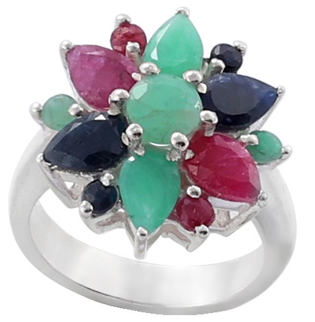 Floral Designer Ring with Ruby, Emerald and Sapphire Gemstone