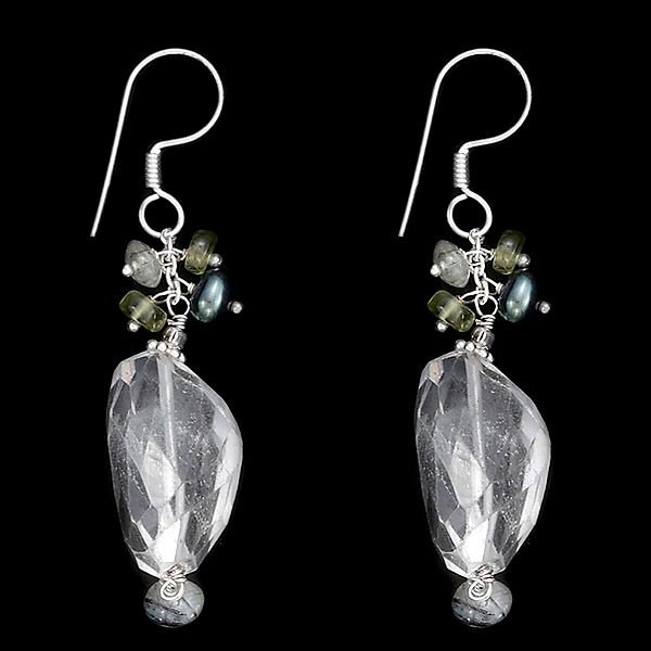 Sterling Silver Dangle Earrings with Crystal, Black Pearl, and Peridot Stone