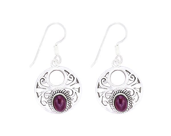 Sterling Silver Circular Earrings Studded with Amethyst Stone