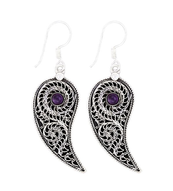 Stylish Leaf Design Sterling Silver Earrings with Amethyst Stone