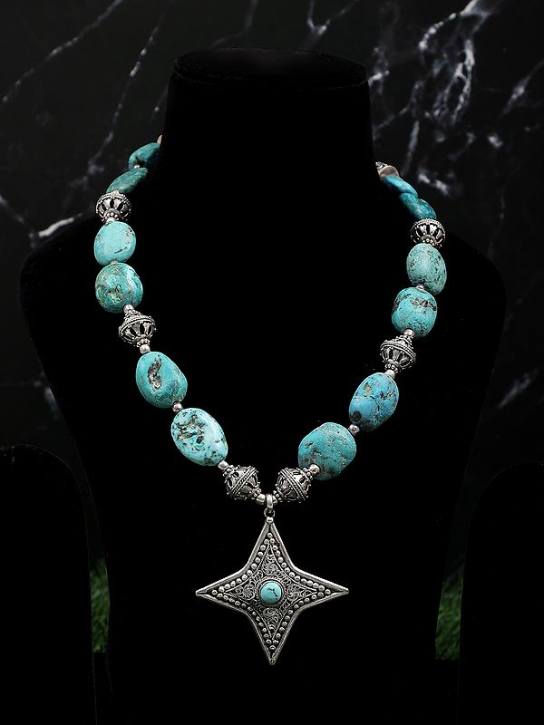 Long Turquoise Four Pointed Star Necklace with Filigree Work