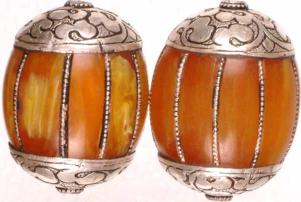 Amber Dust Beads with Sterling Caps and Incisions