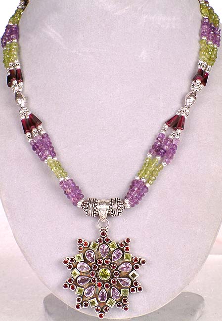 Amethyst Necklace with Peridot and Garnet