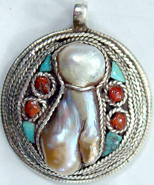 Antiquated Shell Pendant with Coral and Turquoise
