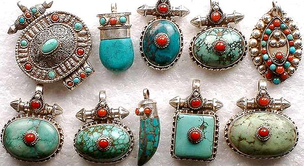 Assorted Lot of Ten Pendants of Turquoise with Coral