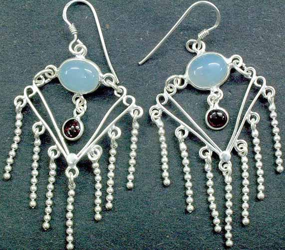 Bezel Ear Rings of Blue Chalcedony and Garnet