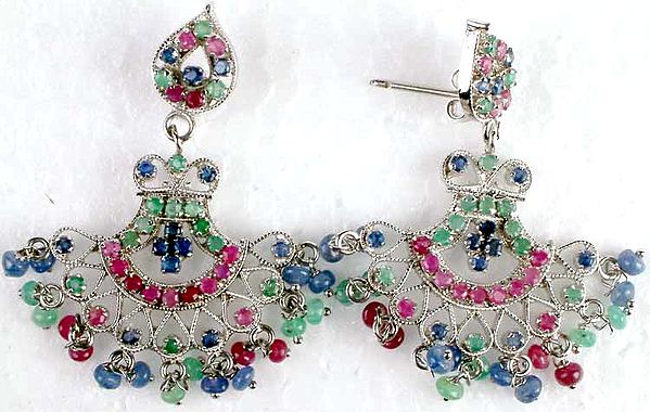Chandelier Earrings of Emerald, Sapphire and Ruby