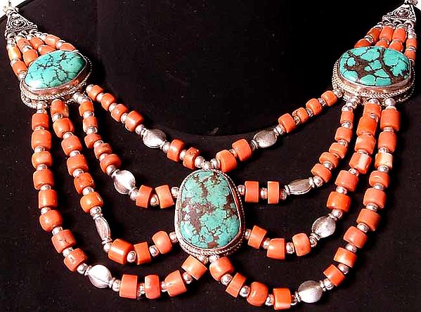 Coral Butterfly Necklace with Spider Web Turquoise