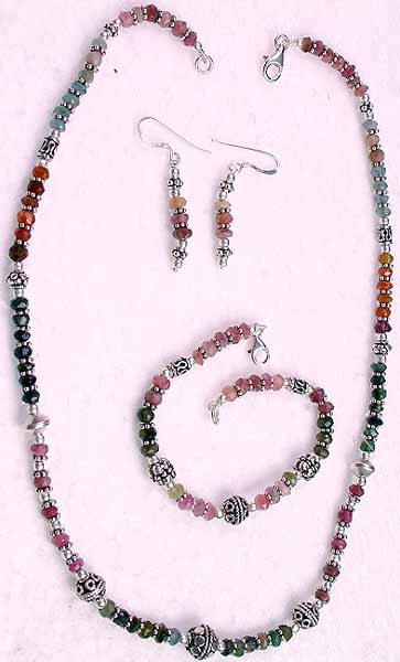 Faceted Tourmaline Necklace Set with Ear Rings & Bracelet