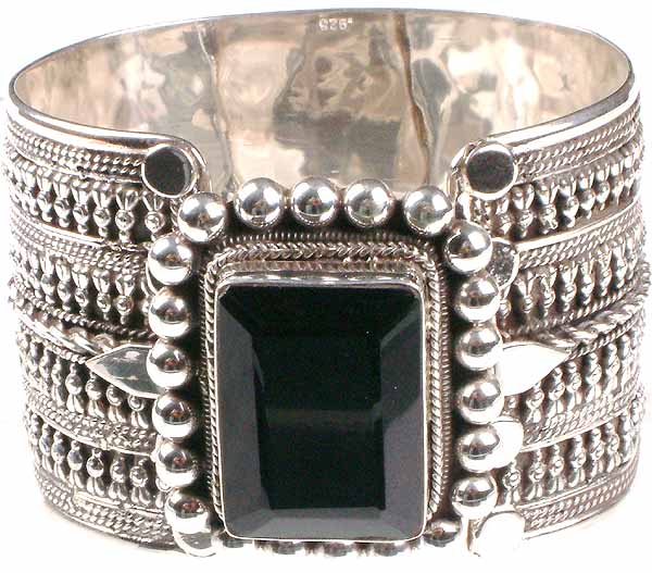 Filigree Cuff Bracelet of Faceted Black Onyx