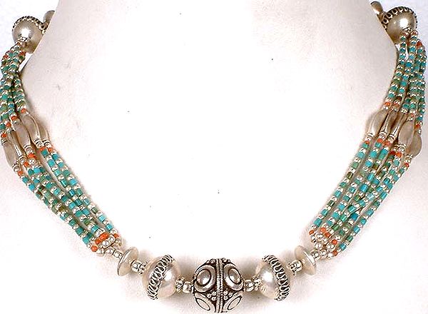 Five Strand Turquoise and Coral Necklace