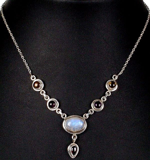 Four Color Cabochon Necklace with Larger Moonstone