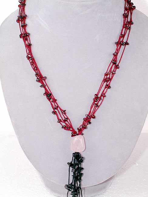 Garnet and Black Onyx Chip Necklace with Rose Quartz