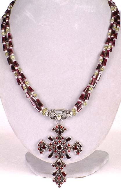 Garnet Cross Necklace with Peridot