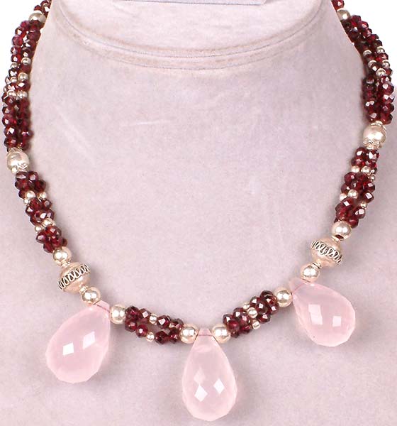 Garnet Necklace with Rose Quartz Drops | Exotic India Art