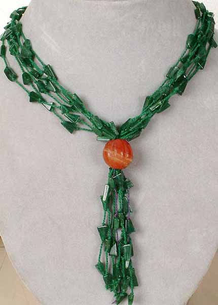 Green Onyx Chip Necklace with Carved Carnelian Ball