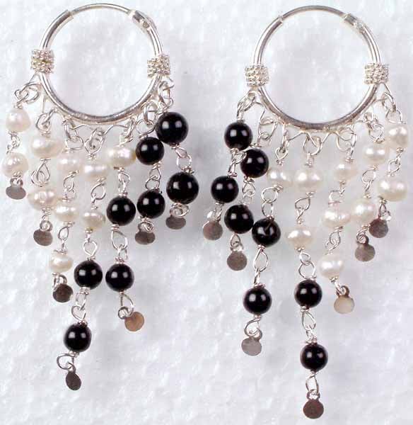 Hoop Earrings of Pearl and Black Onyx