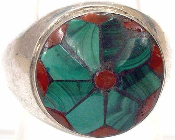 Inlay Ring of Malachite and Coral
