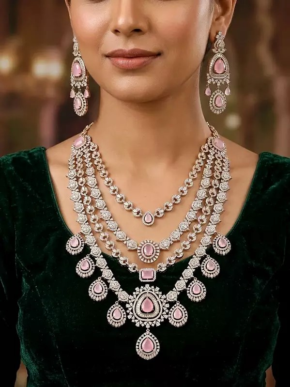 Multi-Strand Stone Studded American-Diamond Bridal Necklace Set with Earrings