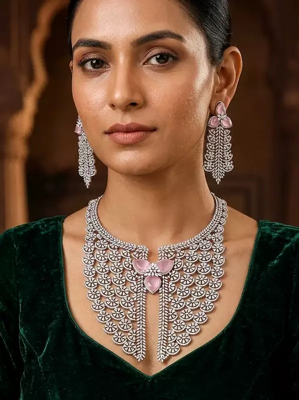 Floral Design Stone Studded American Diamond Necklace and Earrings Set