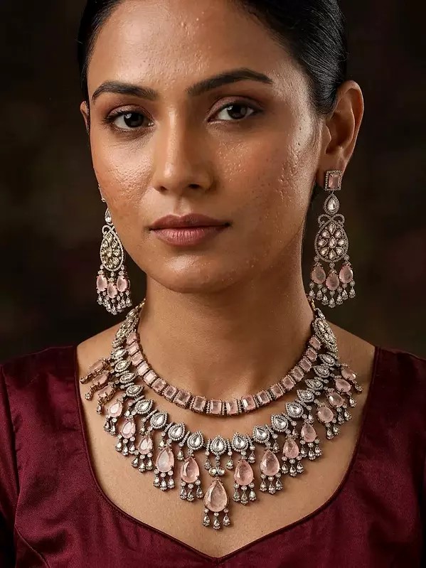 Pink Teardrop Stone Studded Kundan Necklace Set with Earrings