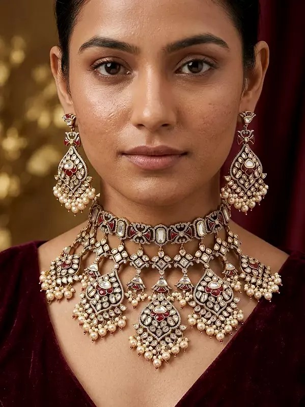 Bridal Choker Necklace Set with Kundan Stones and Pearl Drops