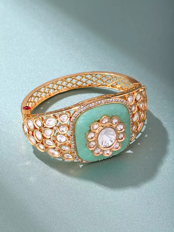 Polki Stone Studded Flower Design Cuff Bracelet