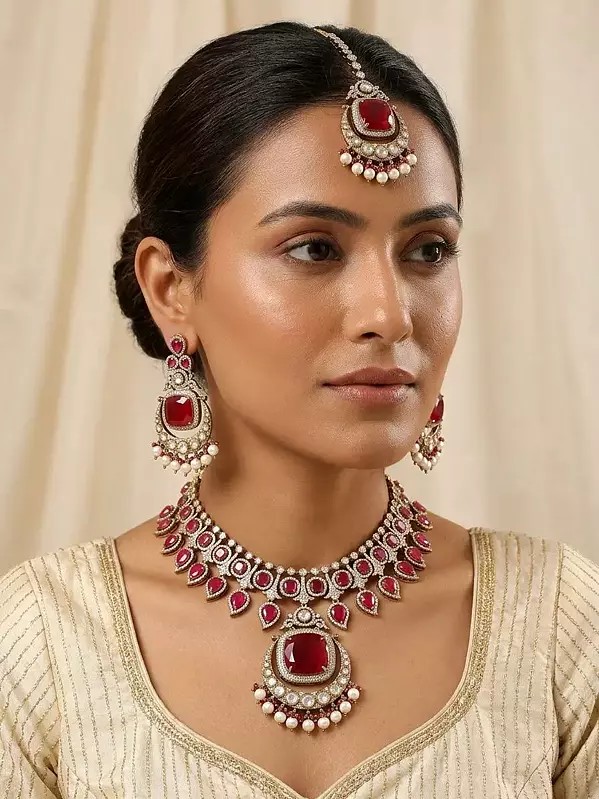 Red Kundan Stone Studded Necklace Set with Matching Earrings and Maang Tikka