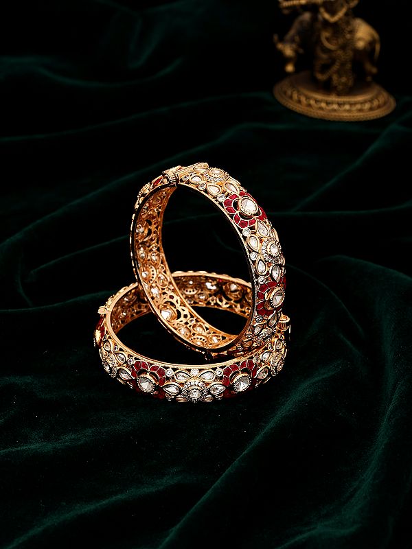 Red Meenakari Polki Studded Openable Kada Bangles (Pair)