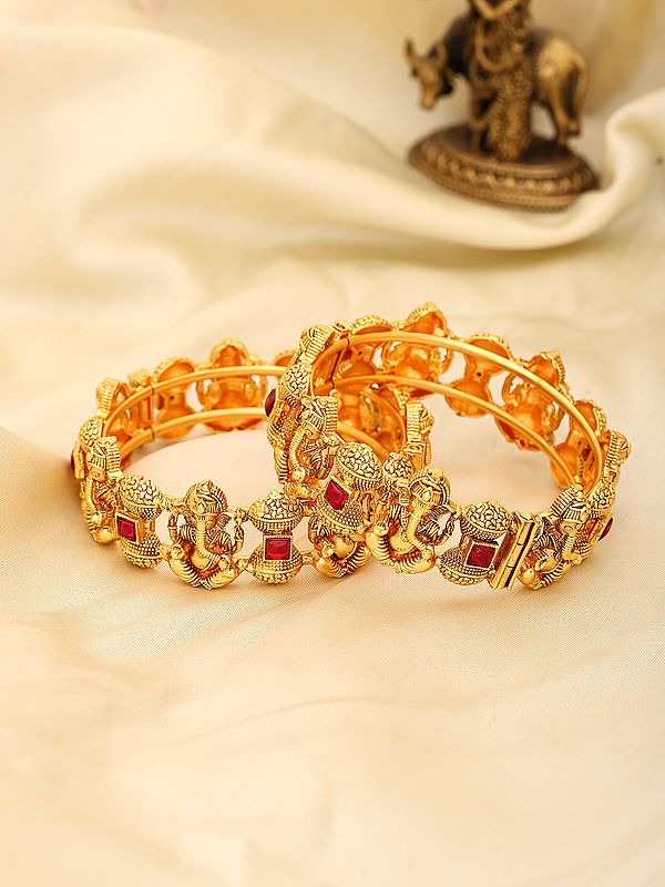 Ganesha Motif Gold Tone Bangle Pair with Red Kundan Stones
