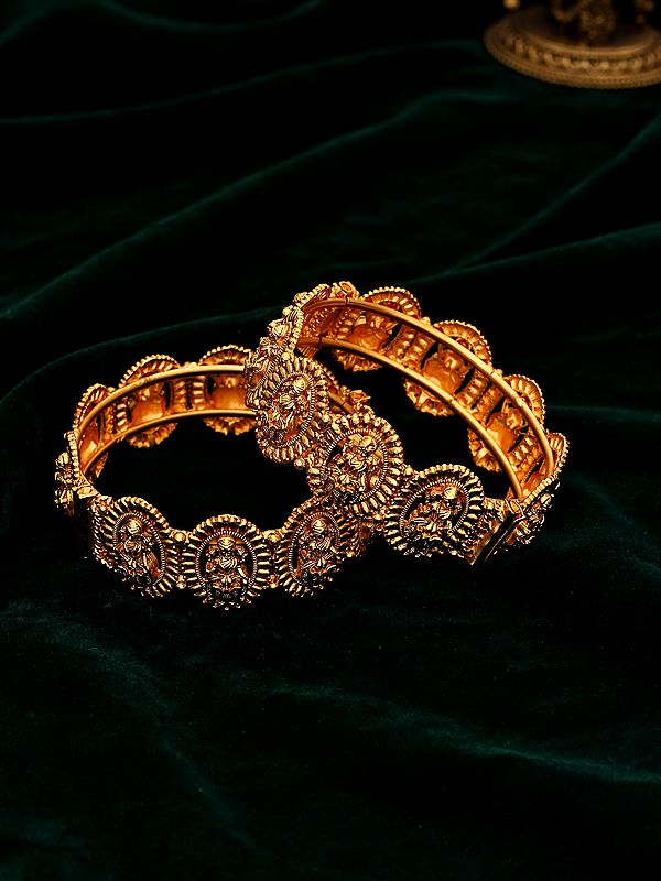Goddess Lakshmi Openable Bangles Pair with Antique Gold Finish