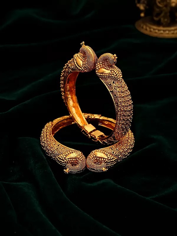 Carved Peacock Design Openable Kada Bangle (Pair)