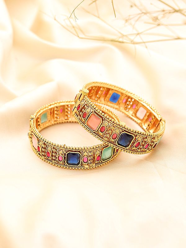 Antique Finish Kundan Bangles with Multi-Color Stones (Pair)