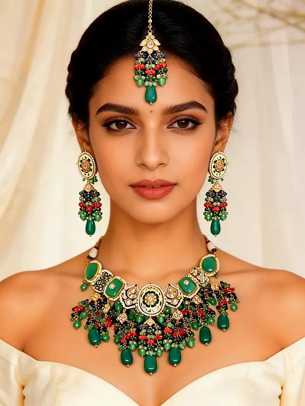 Kundan Bridal Choker Set with Green Gemstone Earrings & Maang Tikka