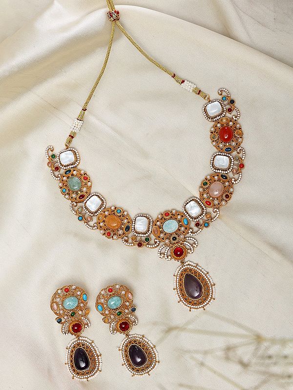 Red Stone & Pearl Kundan Necklace and Earring Set