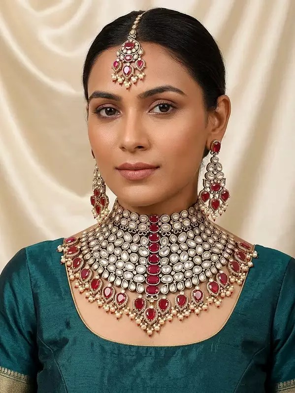 Kundan Choker Necklace Set with Red Teardrop Stones and Maang Tikka