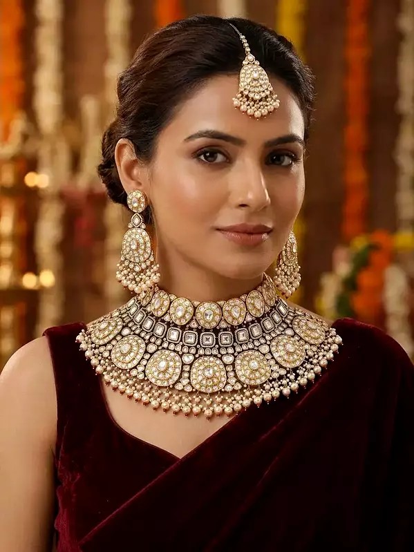 Pearl Drop Kundan Bridal Choker Necklace Set with Earrings and Maang Tikka