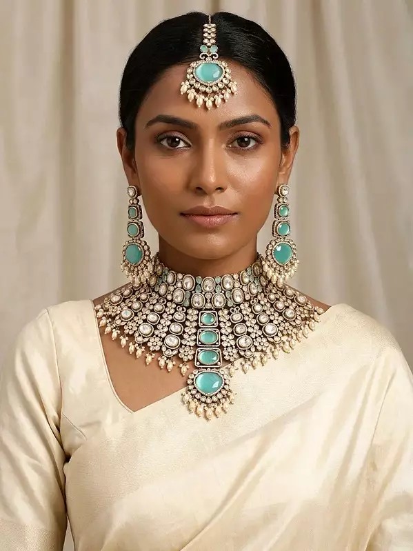 Sea Green Stone Studded Bridal Kundan Choker Necklace Set with Maang Tikka