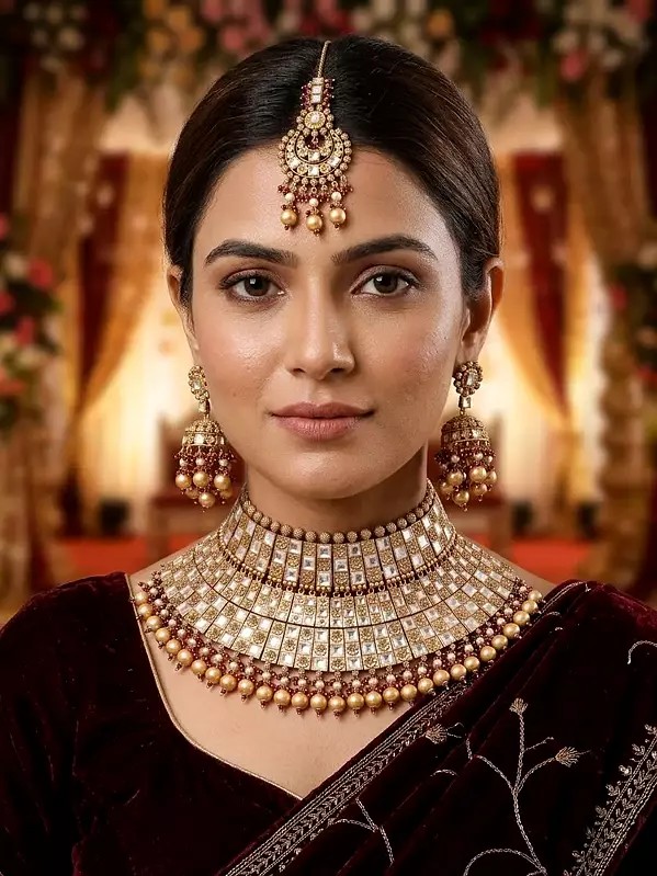 Traditional Square Kundan Bridal Choker Necklace Set with Maang Tikka