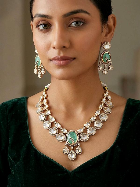 Green Stone Studded Kundan Bridal Necklace Set with Earrings