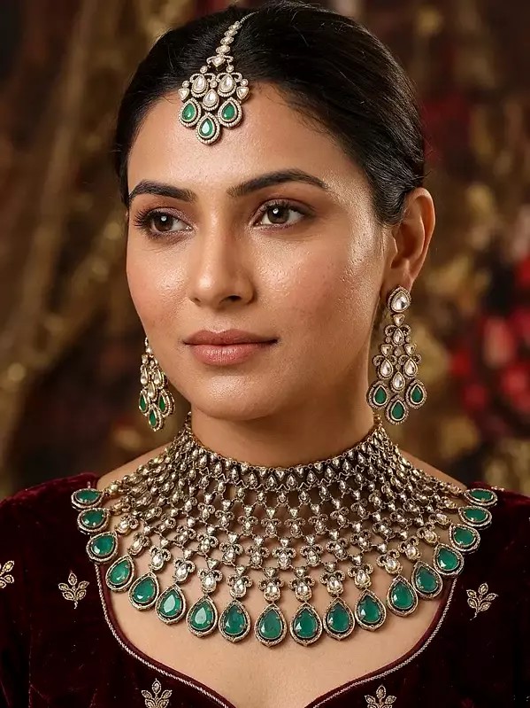 Teardrop Stone Studded Kundan Bridal Necklace Set with Earrings and Maang Tikka